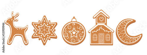Christmas gingerbread collection with star, moon, church, Christmas ball, deer. Winter icons.