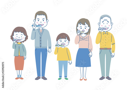 家族で歯磨きをしているイラスト カラー