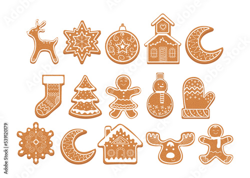 Christmas gingerbread cookies set. Big winter cookies collection. 