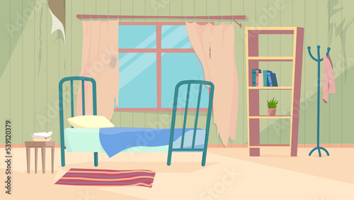 Old dirty room interior  banner in flat cartoon design. Abandoned apartment inside with bed  bedside table  window with damaged curtains  bookshelf and decor. Illustration of web background