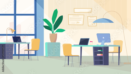 Programmers room interior, banner in flat cartoon design. Office inside with workplace, computer and laptops on desk, certificates on wall, plant and decor. Illustration of web background