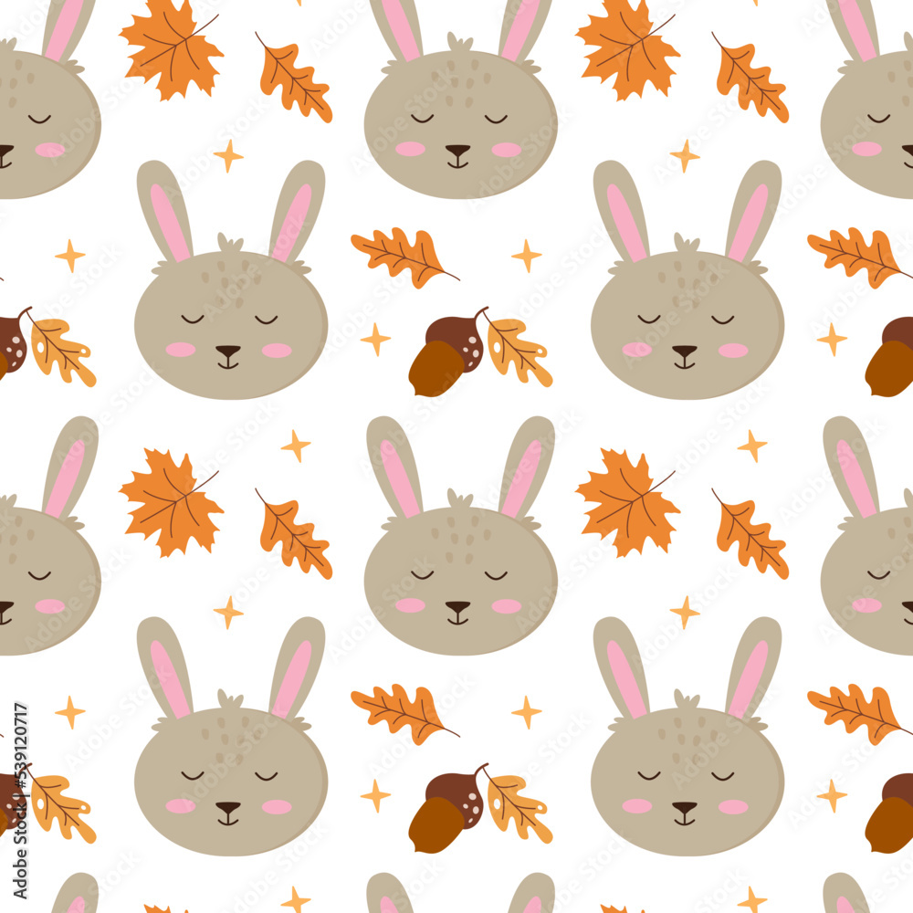Fototapeta premium Cute rabbit with acorns and autumn leaves. Seamless pattern. Can be used for web page background fill, surface texture