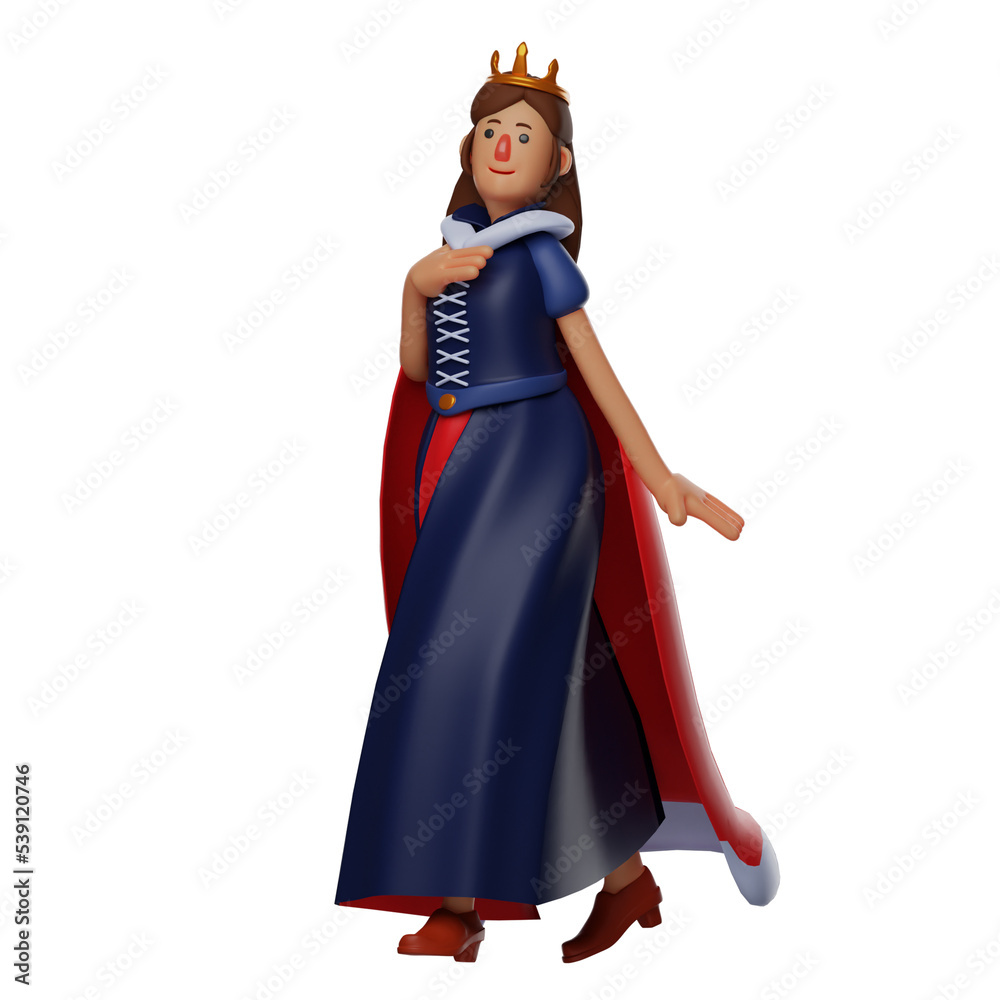 3D illustration. Queen 3D cartoon character standing in a strange pose. in a graceful style. showing a pretty smile. 3D Cartoon Character