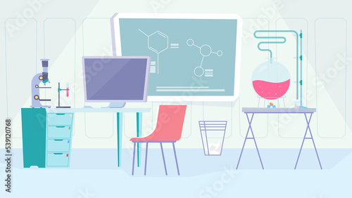 Fototapeta Naklejka Na Ścianę i Meble -  Science laboratory interior, banner in flat cartoon design. Lab equipment for experiments or research, workstation with computer, microscope, board with formulas. Illustration of web background