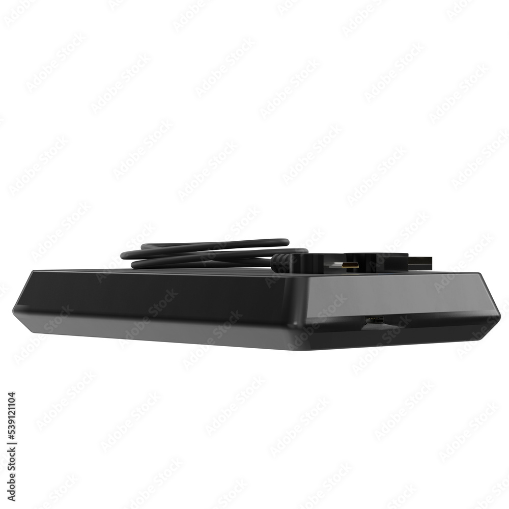 3d rendering illustration of an external hard disk with cable 3d rendering illustration of an external hard disk with cable