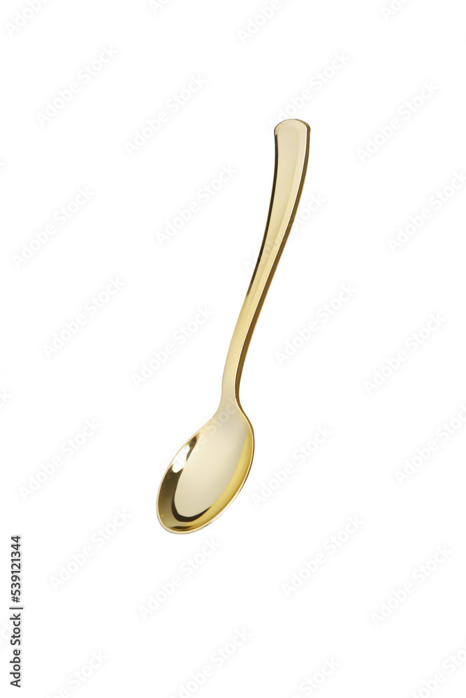 Close-up shoot of a foil gold disposable paper party spoon. This paper spoon feature a trendy metallic finish. The gold disposable paper spoon is isolated on a white background. Front view. Close-up shoot of a foil gold disposable paper party spoon. This paper spoon feature a trendy metallic finish. The gold disposable paper spoon is isolated on a white background. Front view.
