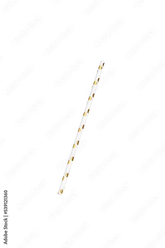 Naklejka premium Close-up shoot of a white disposable paper cocktail straw with gold dots. The white and gold disposable paper straw is isolated on a white background. Front view.