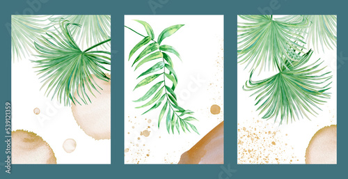Botanical art set with elements of abstraction in beige and green tones. Creative hand drawn textures with wall composition of palm tree branches and leaves. Boho interior art.