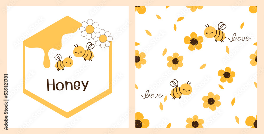 Seamless pattern with yellow daisy flower and bee cartoons on white background. Set of daisy icon and bee logo isolated on white background vector illustration.