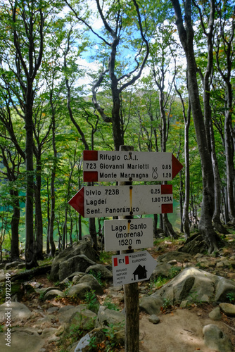 September 2022 Corniglio, Italy: Guide signs across the mountains and woods. Lake Lago Santo, Lagdei, Emilia-Romagna photo