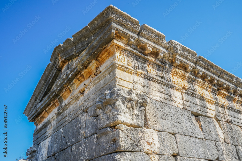right 2nd second one demircili imbrigon cilicia mausoleum back and right roof motif shot, roman empire, ion korihth, silifke mersin turkey right 2nd second one demircili imbrigon cilicia mausoleum back and right roof motif shot, roman empire, ion korihth, silifke mersin turkey