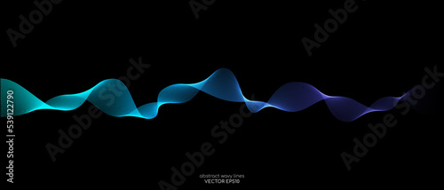 Vector wave lines smooth flowing dynamic blue green gradient light isolated on black background for concept of technology, digital, communication, science, music