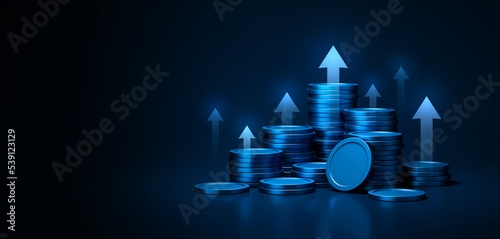 Growth financial business arrow money coin on increase earnings 3d background with economy market investment finance banking profit or success cash stack currency of wealth graph price value strategy.