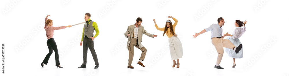 Collage. Group of stylish young people in retro clothes having fun at party, disco, cheerfully dancing isolated over white background