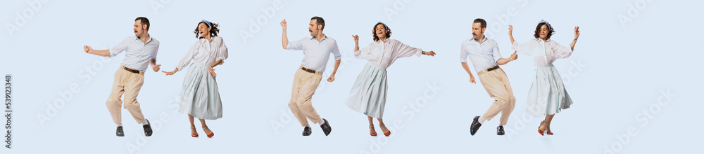Collage. Young beautiful couple, man and woman in elegant retro clothes dancing isolated over blue studio background.