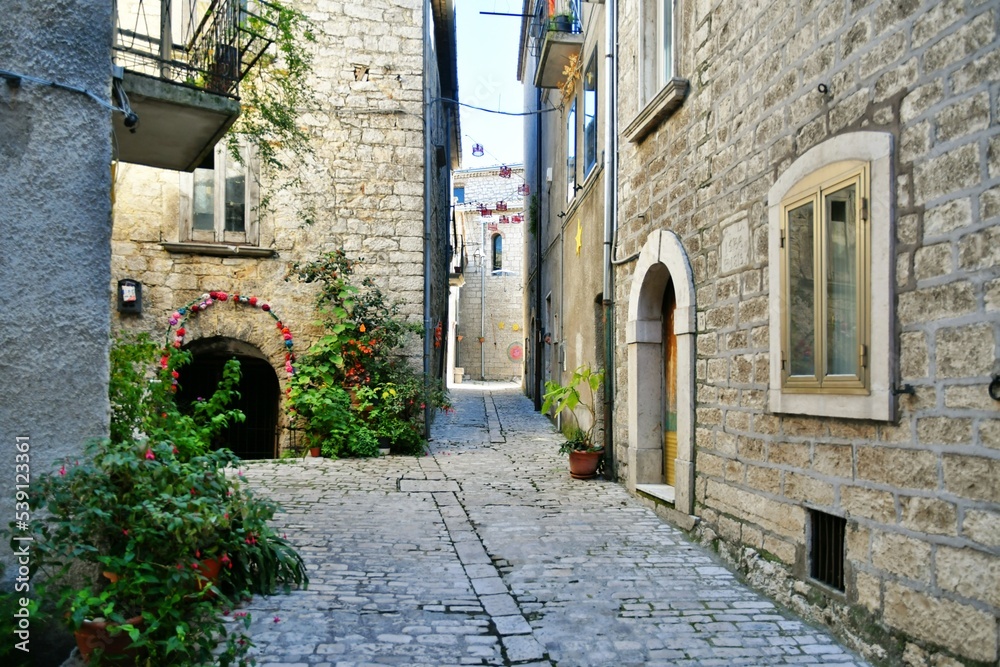 A narrow street between the old stone houses of Oratino, a medieval village in the Molise region of Italy.