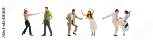 Collage. Group of stylish young people in retro clothes having fun at party, disco, cheerfully dancing isolated over white background
