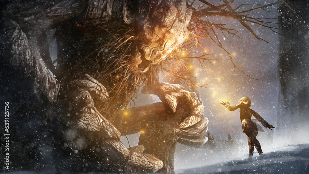 Peaceful old ent looks enchanted at the bright orange fireflies that fly to him from the hands of a kind fairy who walks barefoot in the snow trying to warm a living tree in winter. 3d rendering art