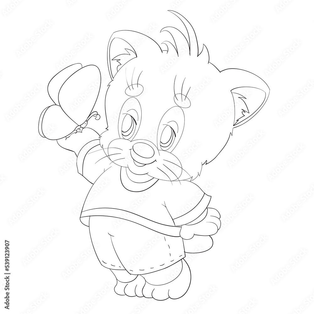 sketch, cute teddy bear holding a butterfly on his hand, coloring book, cartoon illustration, isolated object on a white background, vector,