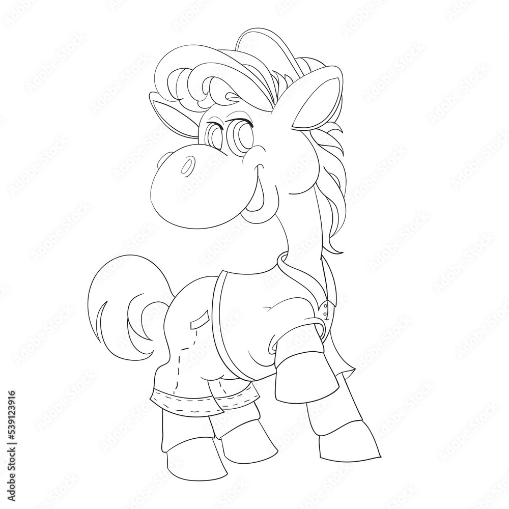 Obraz premium sketch, cute horse in clothes and with a scythe of a mane, coloring book, cartoon illustration, isolated object on a white background, vector,