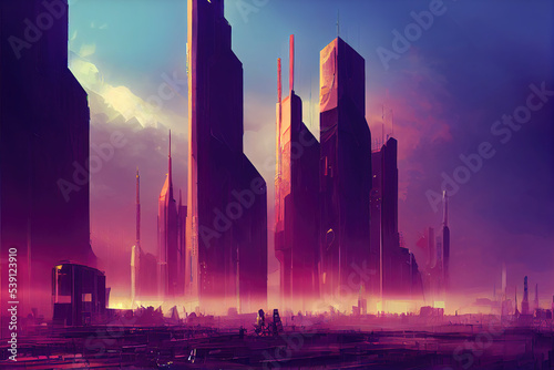a fantastic sunrise concept art illustration of a cyberpunk city