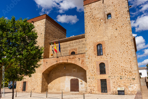 Badajoz, Spain, September 10, 2021: The facade of the iconic building at the Roca Dukes Palace, Palacio de los Duques de la Roca, which currently houses the Badajoz Provincial Archaeology Museum.