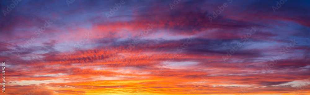 A vibrant sunset or sunrise sky panorama with cloudscape in soft magenta, pink and orange tones as a background or texture