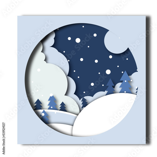 Winter landscape. Paper cut shapes.  Vector design. Cut-out.  Children's book. New year
