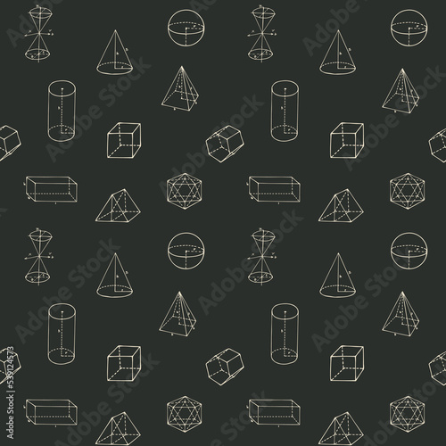 Hand-drawn seamless pattern with geometrical figures. Black and white vector background with mathematical sketches. Wallpaper, wrapping paper or fabric design. Drawing chalk on the school blackboard