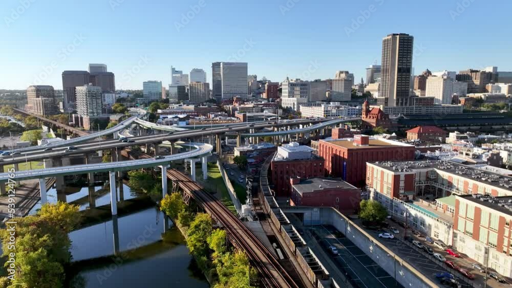 aerial pullout from skyline and traffic in richmond virginia