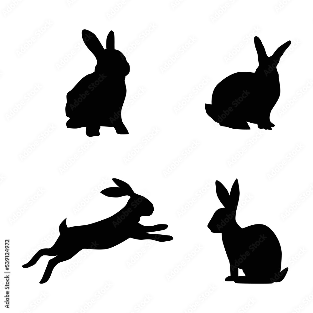 Silhouettes of rabbits isolated on a white background. Set of different easter bunnies silhouettes for design use. Silhouettes of rabbits isolated on a white background. Set of different easter bunnies silhouettes for design use.