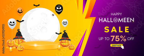 Halloween promotion special offer sale 75% off campaign. Template design for social media with blank product podium scene. Halloween pumpkins ghost balloon moon on orange purple background. 3D Vector.