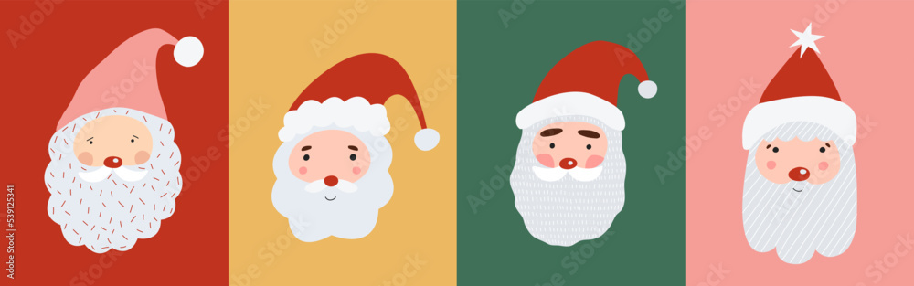 Set of Cute Santa Claus faces poster on colorful retro background. Vector Christmas characters in cartoon style. Set of Cute Santa Claus faces poster on colorful retro background. Vector Christmas characters in cartoon style.