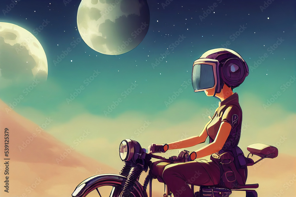  Una chica anime con casco montando una motocicleta antigua en un planeta de ciencia ficción.