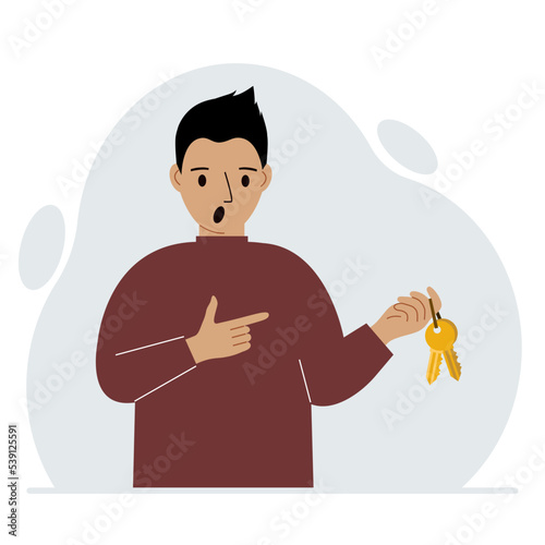 A man holds a bunch of golden keys to open a locked door. Knowledge or the key to success.