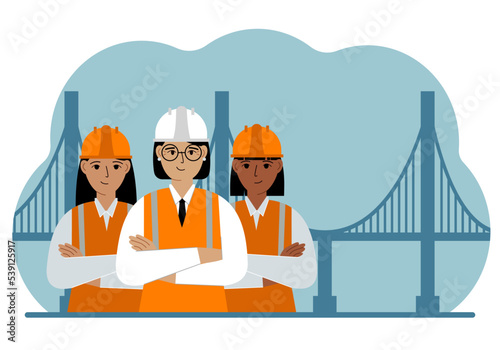 Construction team and engineer next to the bridge. The concept of civil engineering and construction.