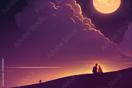 a couple sitting at sunset at the ocean, animation style