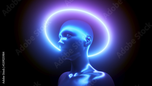 3d rendered illustration of a female metal head with neon lights