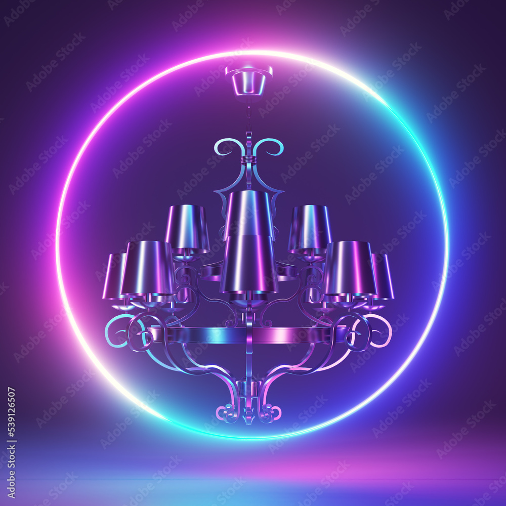 3d rendered neon light illustration of a chrome chandelier 3d rendered neon light illustration of a chrome chandelier