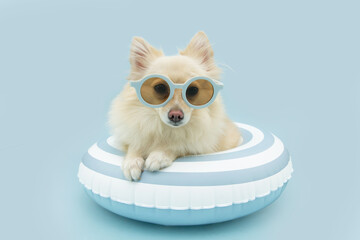 Cute pomeranian dog summer inside of an blue striped infltable ring going on vacations. Isolated on blue pastel background