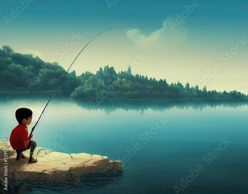 boy sitting at the lake, fishing