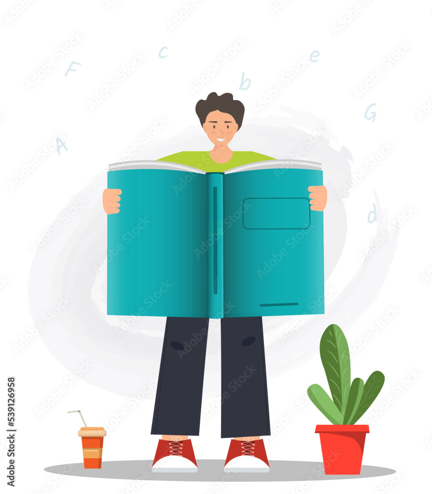 Happy young man, boy or student reading books, reading books, education concept, home library concept, reading is power concept, flat vector illustration Happy young man, boy or student reading books, reading books, education concept, home library concept, reading is power concept, flat vector illustration