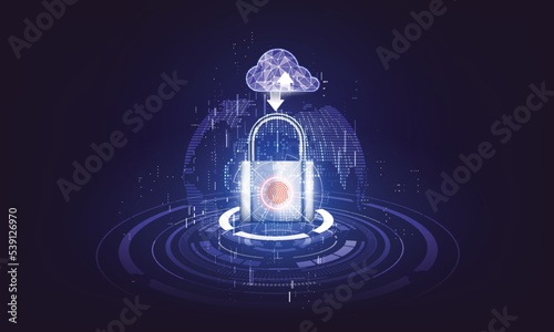 fingerprint scanning unlock and access to business data network. Cloud. Biometric identification and cyber security protect business transaction from online digital cyber attack.