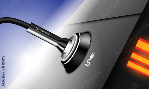 A close up of an electric car being charged up using a car charging station. vector illustration