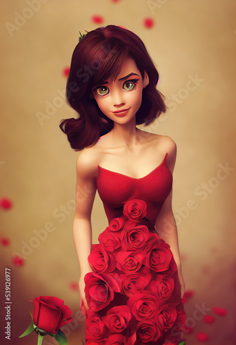 beautiful animation illustration of a young woman with roses, 3d illustration
