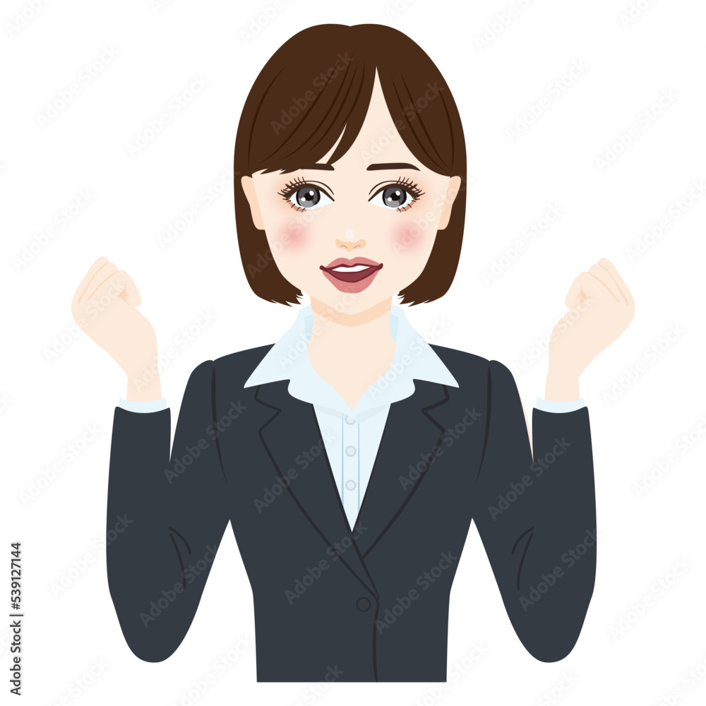 woman in gray suit with short hair hold up fists woman in gray suit with short hair hold up fists
