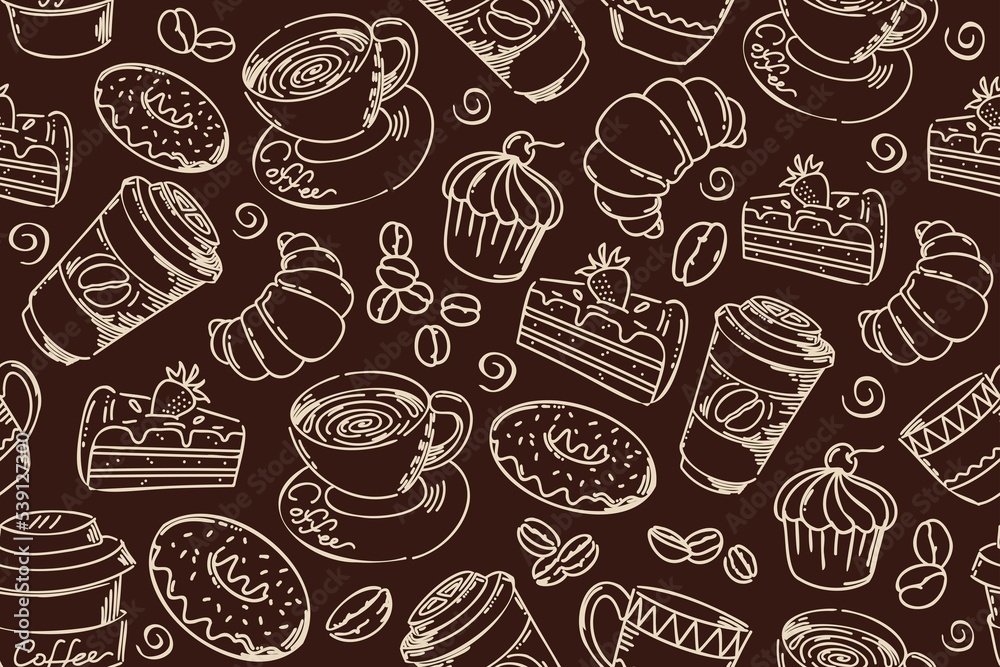 Seamless pattern with hand drown line art coffee beans, cups, sweet desserts in brown color. Seamless repeating pattern template.
