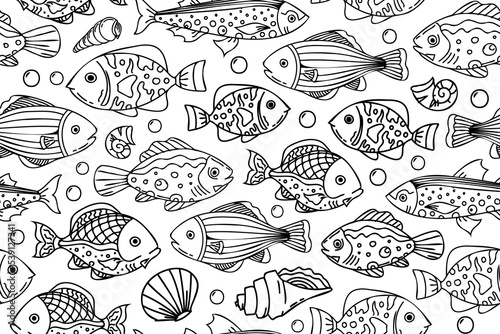 Black and white fish seamless pattern. Repeating decorative fish illustrations with black thin line. Underwater life.