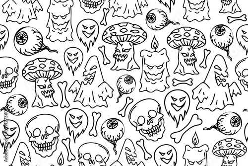 Halloween seamless pattern. Repeating pattern with outline evil creatures, ghosts, mushrooms, skulls, bones. Template for endless repetition.