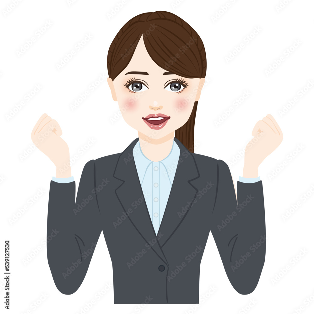 woman in gray suit with ponytale hold up fists woman in gray suit with ponytale hold up fists